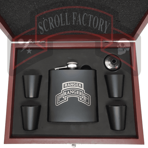 1 75 Tab Scroll Flask 6 oz Black wood Box set