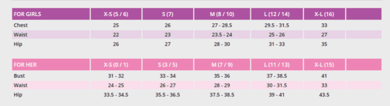 Soffe Sizing chart